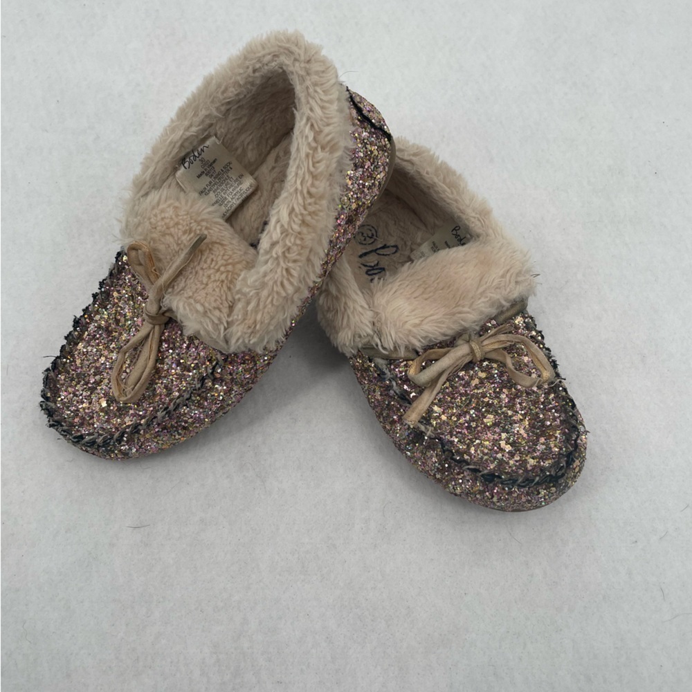 BODEN Girls Sparkly Moccasin Slippers House shoes fur lined size: 30